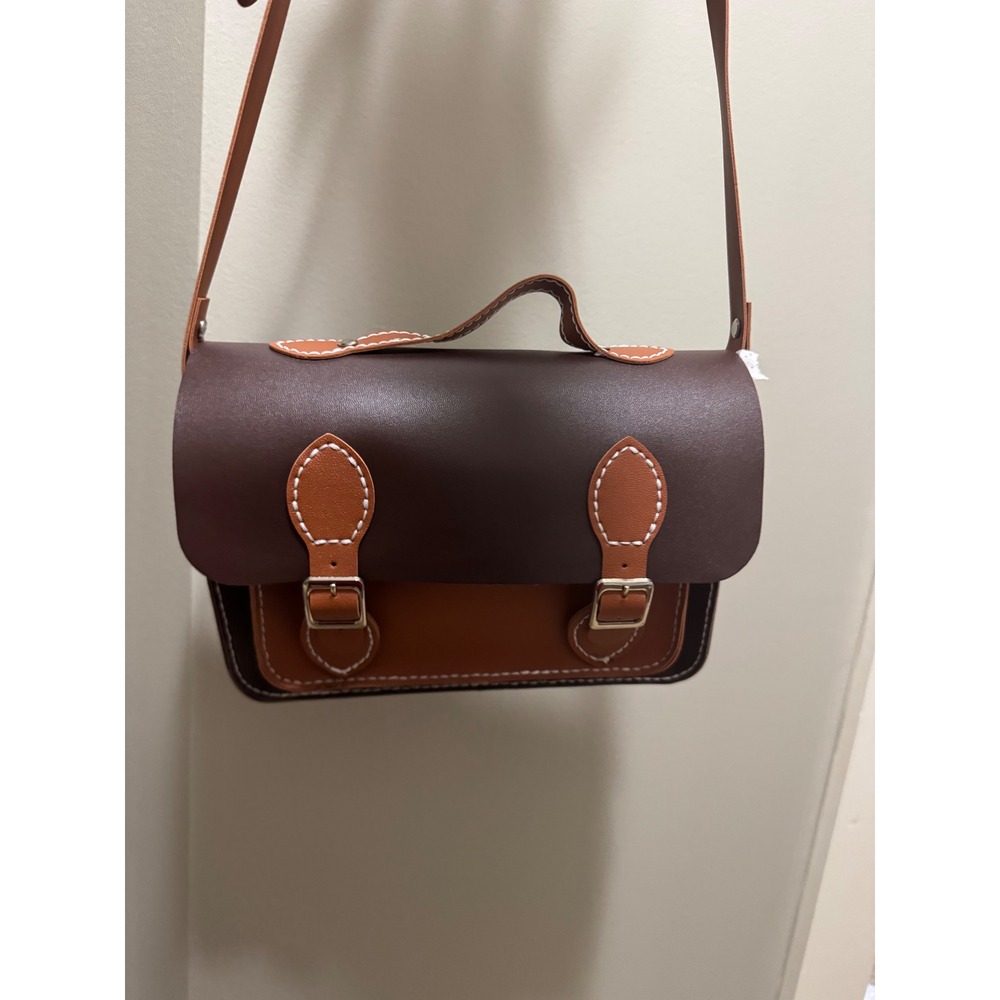 Hand Sewn Brown Leather Satchel Crossbody Bag Two Tone Contrast Stitch Messenger